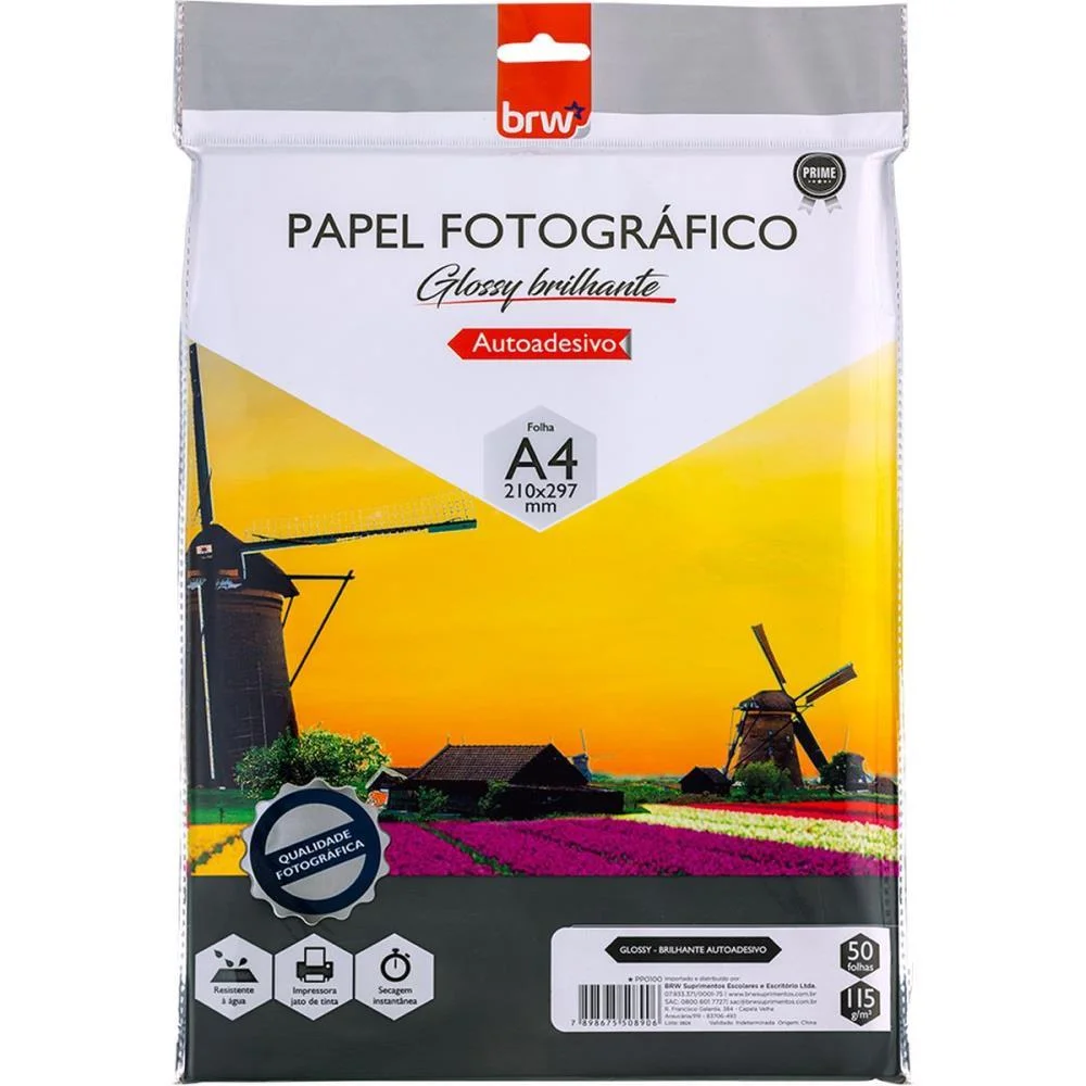 Papel Fotografico Inkjet A4 Glossy Brilhante 115G. Brw Com 50 Unidades