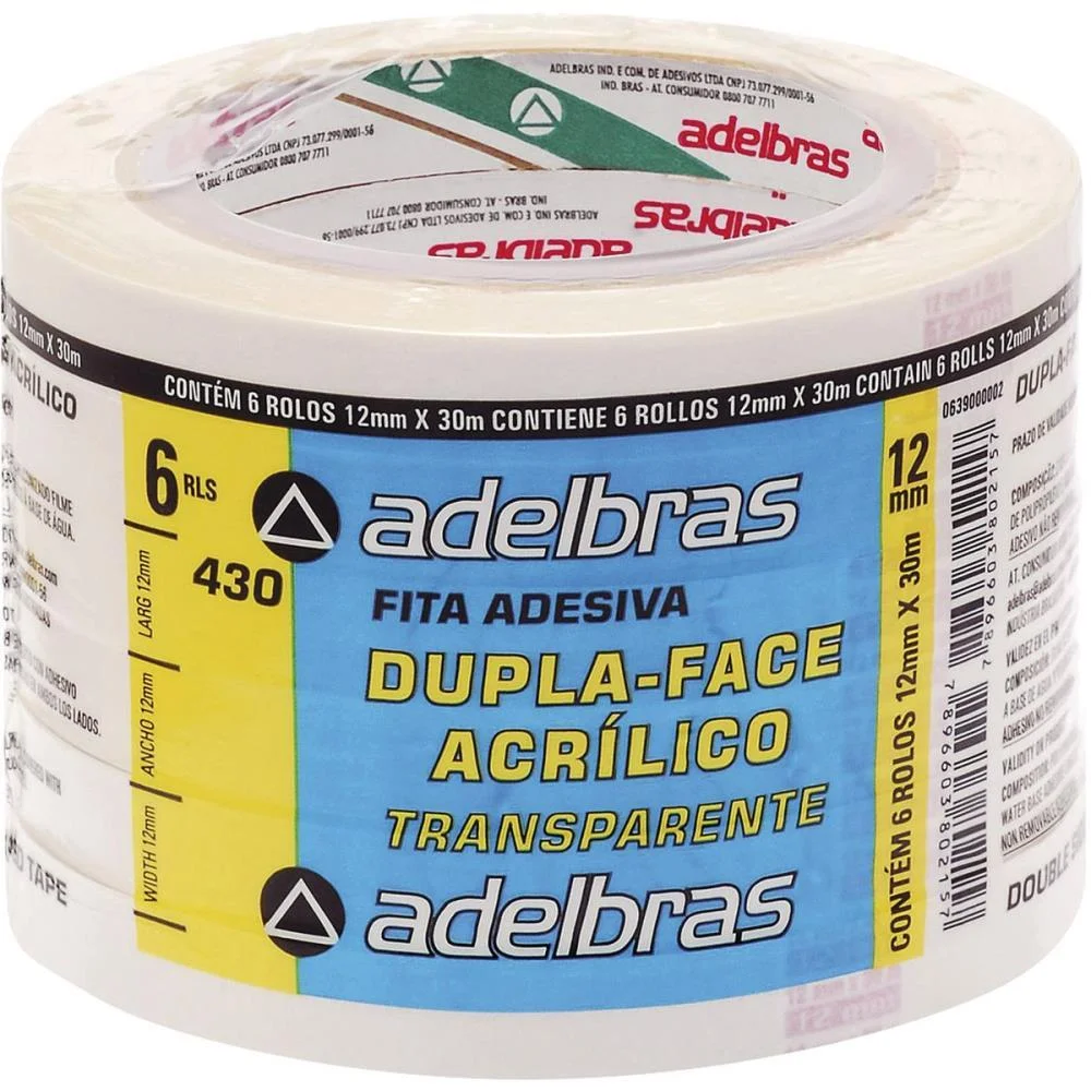Fita Dupla Face Polipropileno 12Mmx30Mts. Adelbras Com 6 Unidades