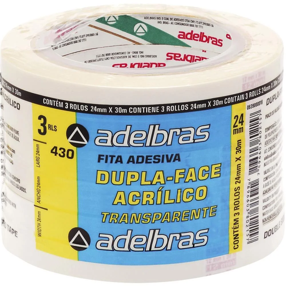 Fita Dupla Face Polipropileno 24Mmx30Mts. Adelbras C/3 Unidades