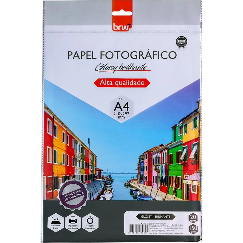 Papel Fotografico Inkjet A4 Glossy Brilhante 150G. Brw 20 Unidades