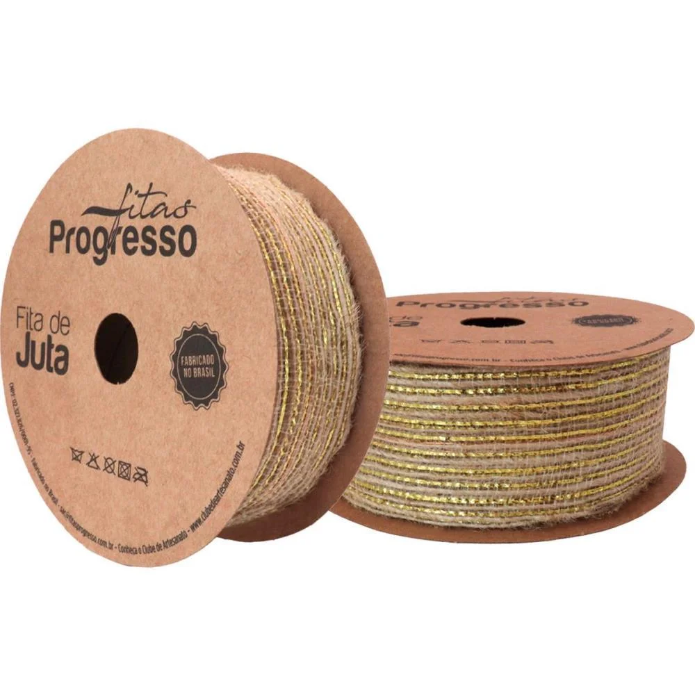 Fita Aramada De Juta 38Mmx10M. Cru C/Dourado Fitas Progresso (Rolo)