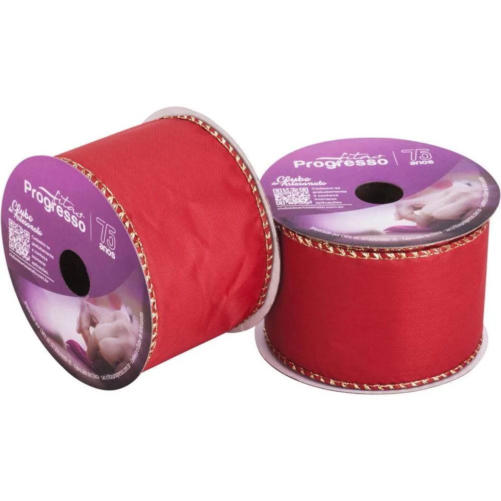 Fita Aramada Decorativa 63Mmx10M Cetim Vermelho/Dourad Fitas Progresso