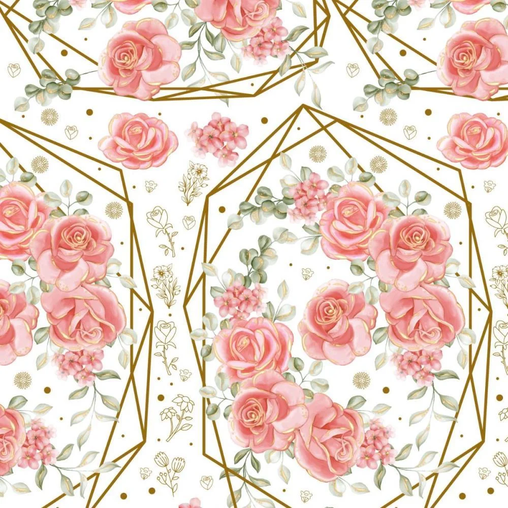Papel Presente Bobina Couche 60Cm. Mod.206 Rosas Ouro Hexag Gessele (Bo-100Mts)