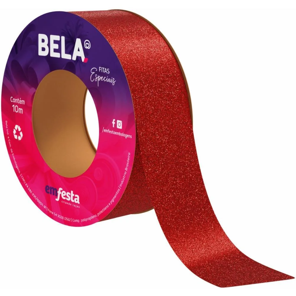 Fita Poli Decorada 15Mmx10M Glitter Vermelho Emfesta (Rolo)