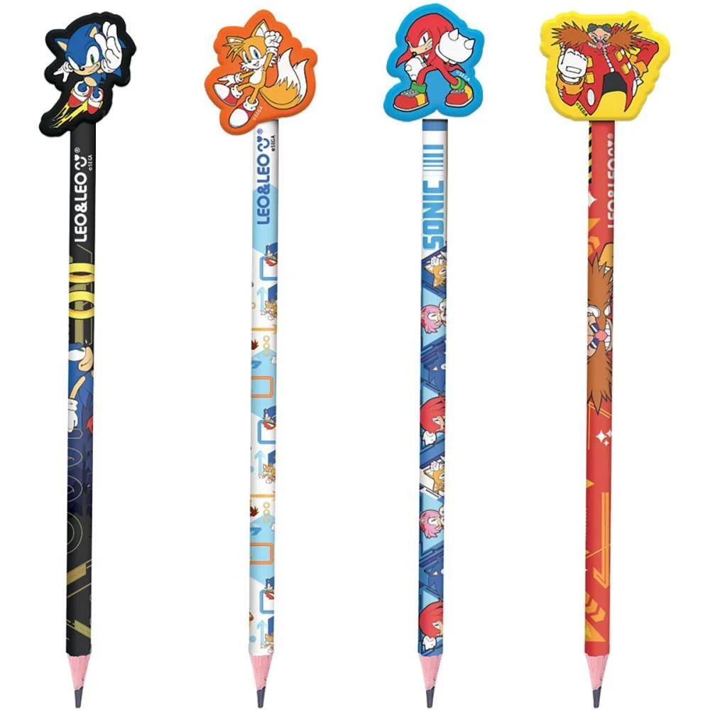 Lapis Preto Redondo Decorado Sonic C/Borracha 4 Modelos Leonora C/30 Unidades