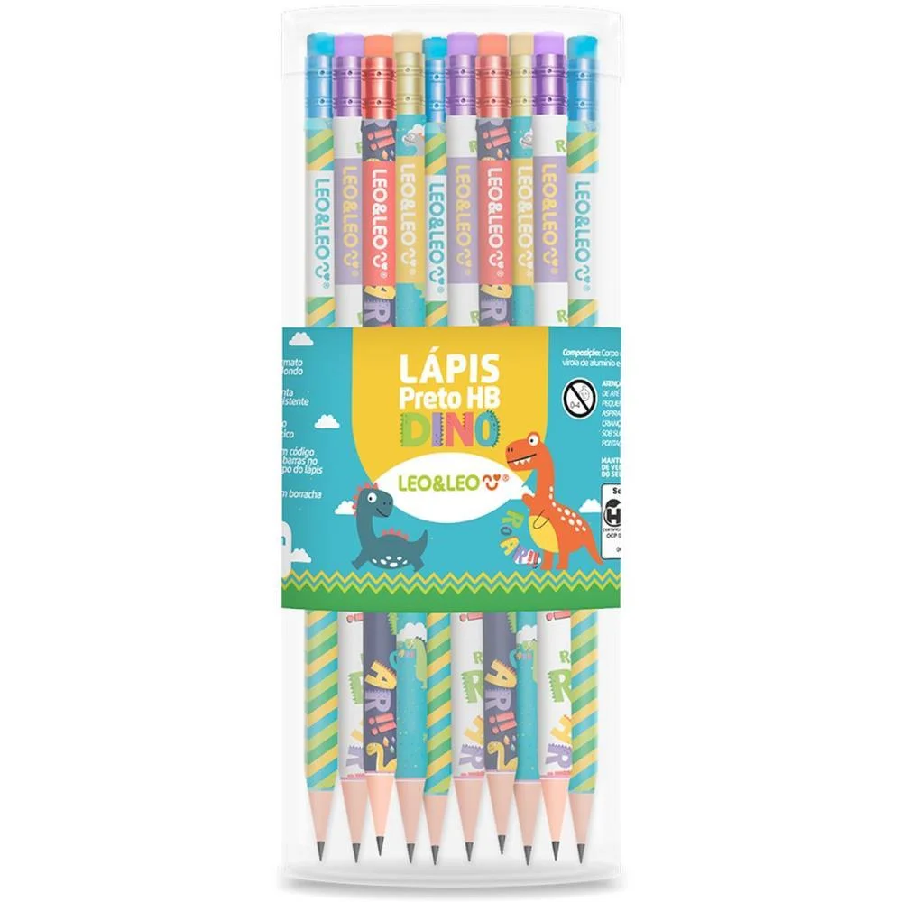 Lapis Preto Redondo Decorado Dino Hb C/Borracha Sortidas Leonora (Pote-72)