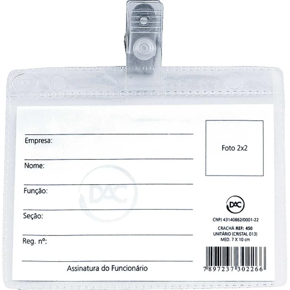 Cracha Com Presilha Presilha Remov.7X10 Cm. (0,13) Dac (Pct.c/50)