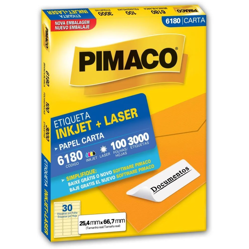 Etiqueta Carta 6180 100 Fls 25,4 X 66,7 Mm Pimaco (Cx.c/3000)