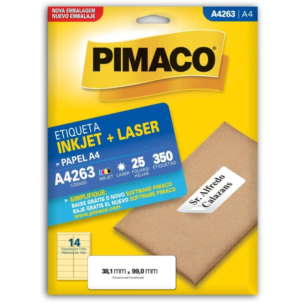 Etiqueta A4 A4263 25 Fls 38,1 X 99,0 Mm Pimaco (Ct.c/350)