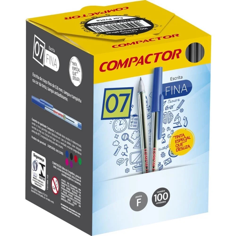 Caneta Esferografica 0,7Mm Fina Preta Compactor (Cx.c/100)