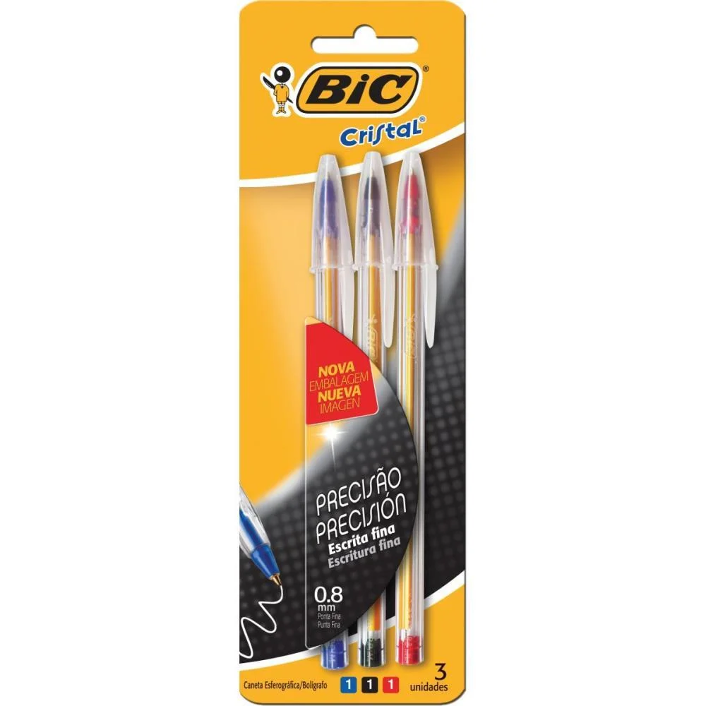 Caneta Esferografica Cristal Fina Az+Vm+Pt Bic (Bl.c/03)