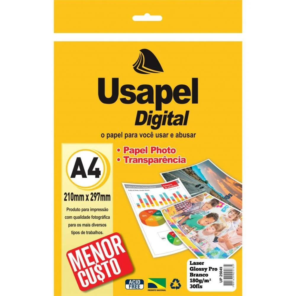 Papel Fotografico Laser Usapel Glossy Prof. A4 180G. Filiperson (Pct.c/30)