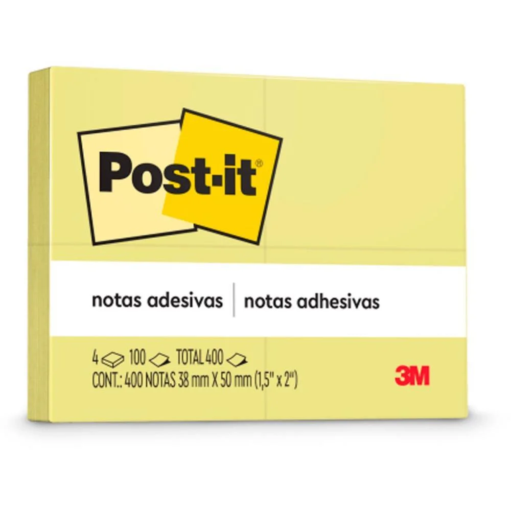 Bloco De Recado Post-It 653 Amarelo 38X50Mm C/100Fls 3M (Pct.c/04)