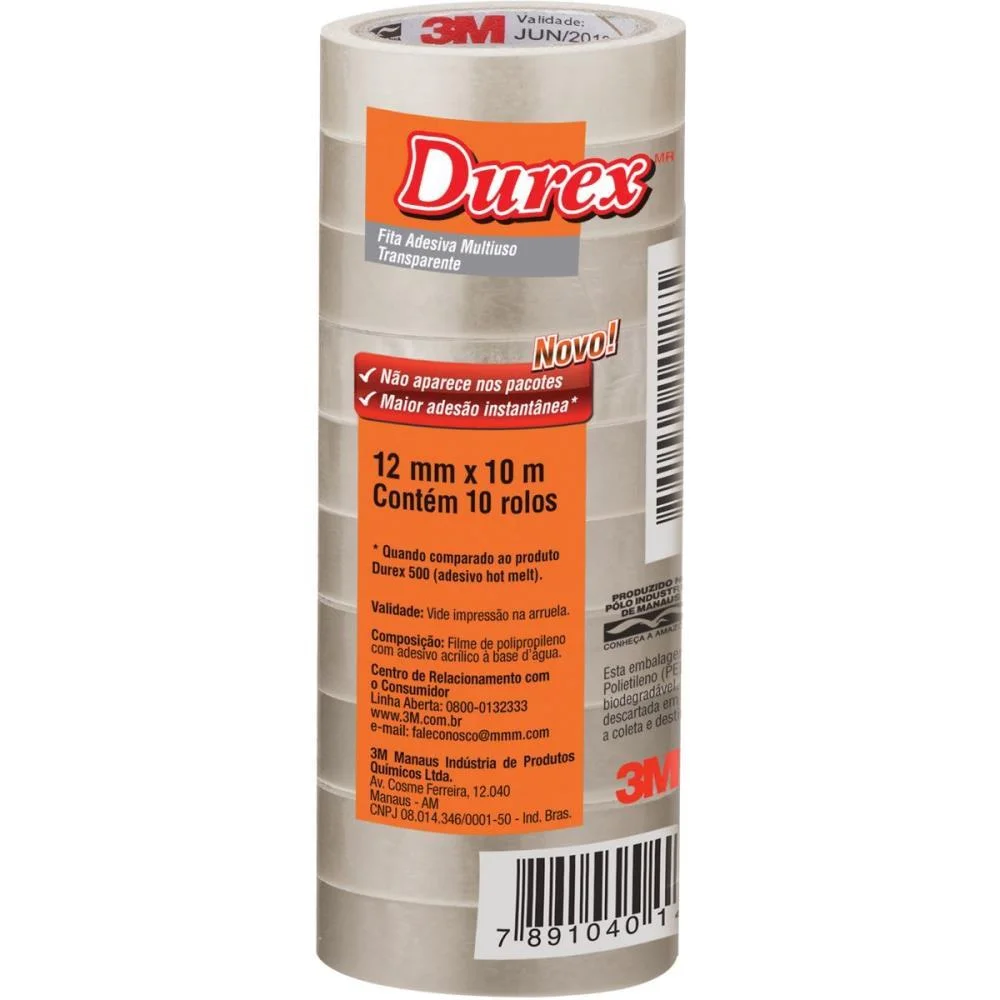 Fita Adesiva Durex Transparente 12Mmx10M. 3M (Pct.c/10)