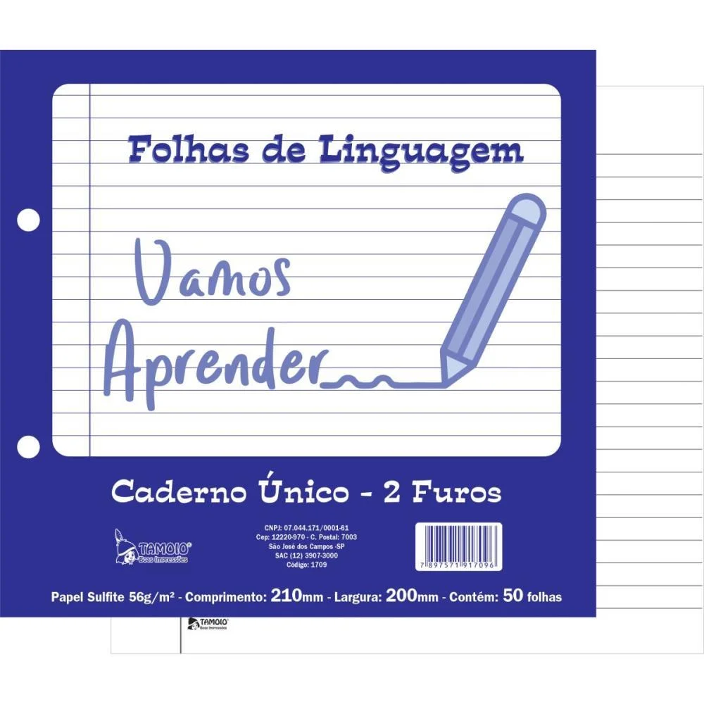 Folha 2 Furos Linguagem P/Caderno Unico 50Fl Tamoio (Pct.c/05)