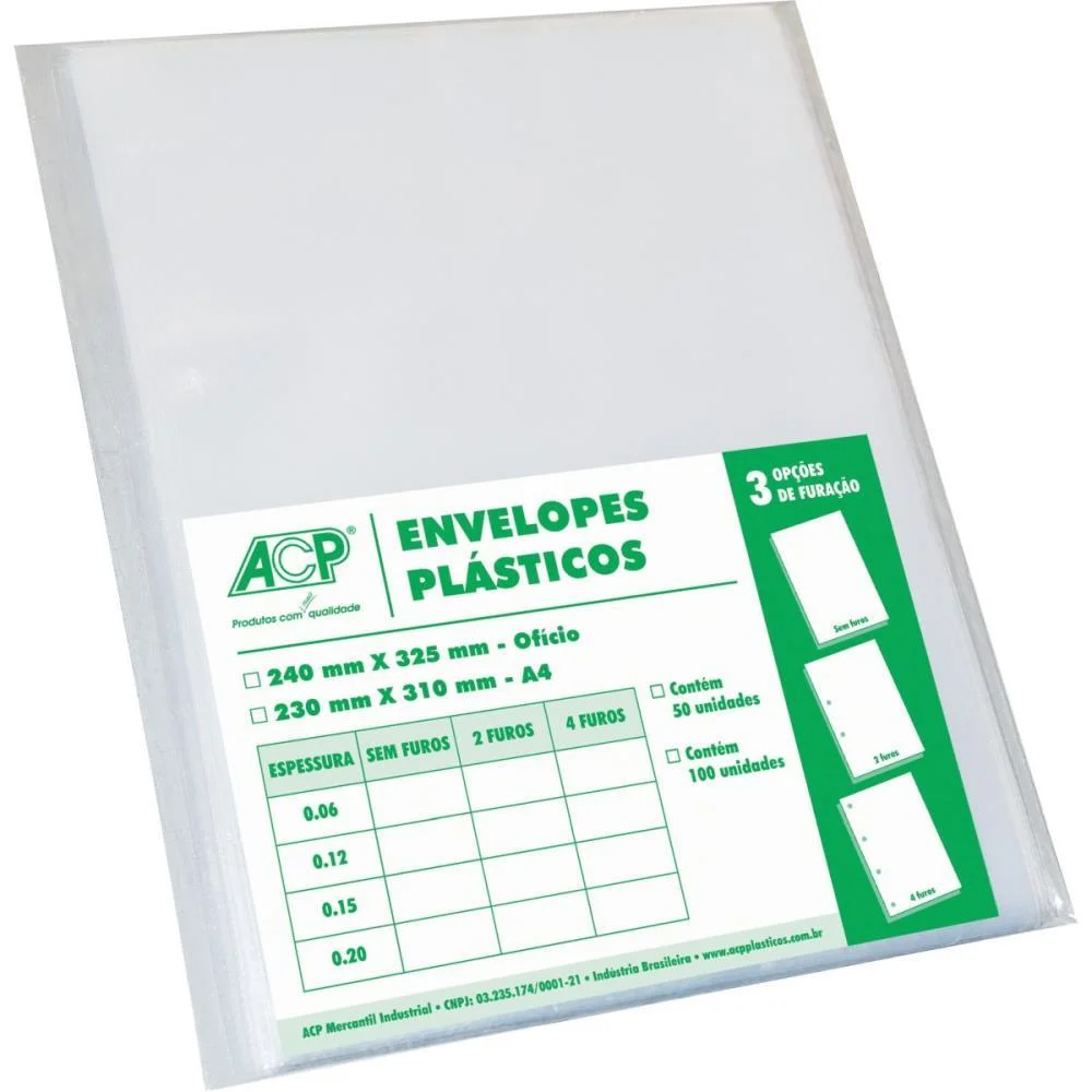 Envelope Plastico Sem Furo Oficio Medio 0,10Mm Acp C/ 100 Unidades