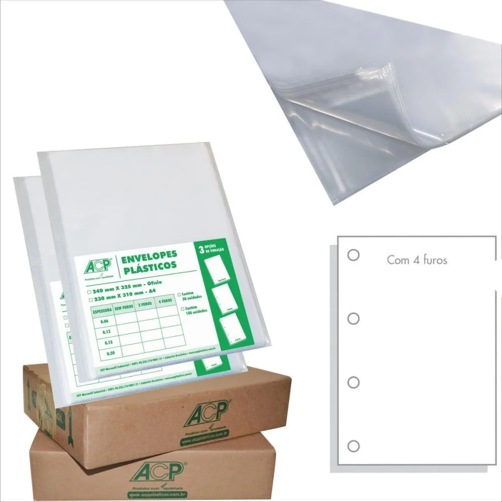 Envelope Plastico Oficio 4Furo Extra Grosso 0,20 Acp C/ 100 Unidades