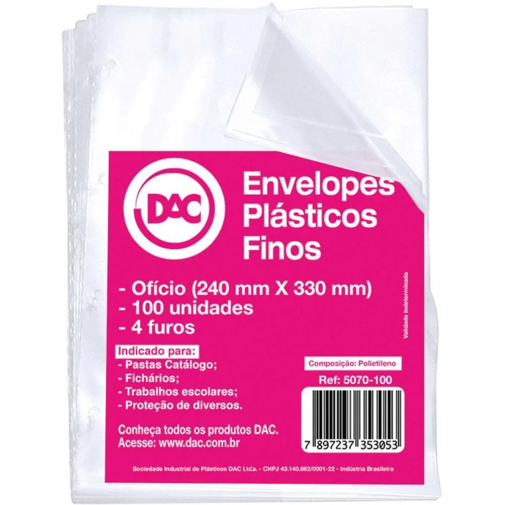 Envelope Plastico Oficio 4Furos Fino 0,06Mm Dac C/ 100 Unidades