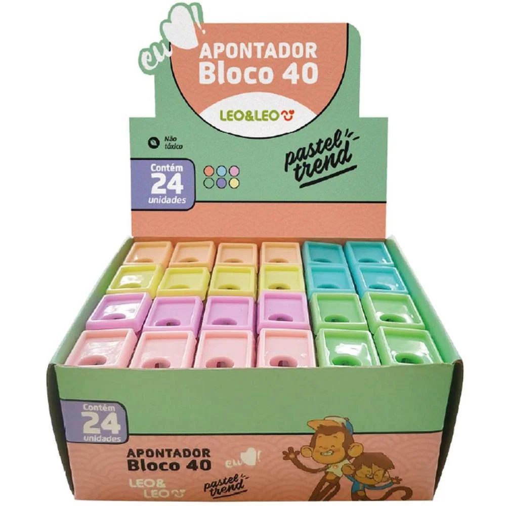 Apontador Com Deposito Bloco 4Cm 6Cores Pastel Leonora C/ 24 Unidades