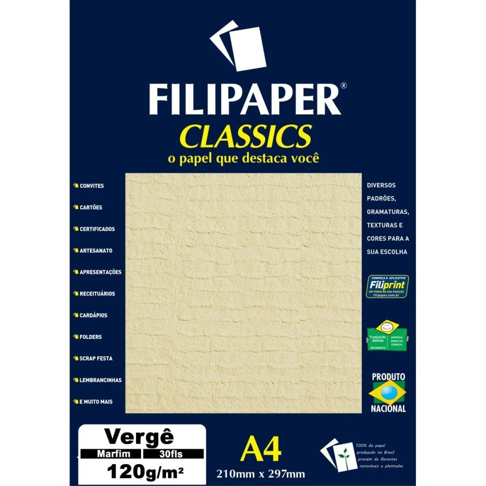 Papel A4 Verge Marfim 120G. Filiperson 30 Folhas