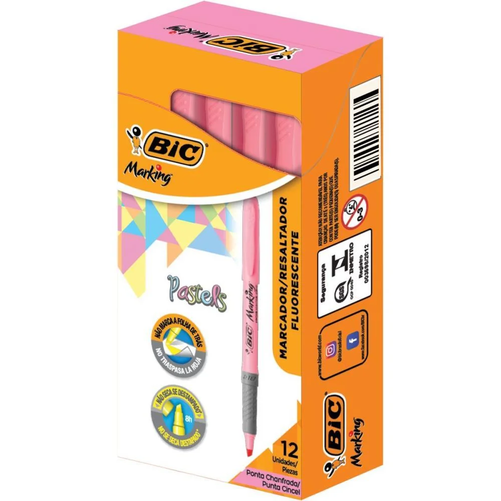 Caneta Marca Texto Marking Rosa Pastel Bic (Cx.c/12)