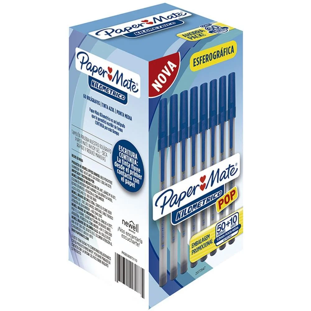 Caneta Esferografica Kilometrica 100 Pop Azul Paper Mate (Cx.c/60)