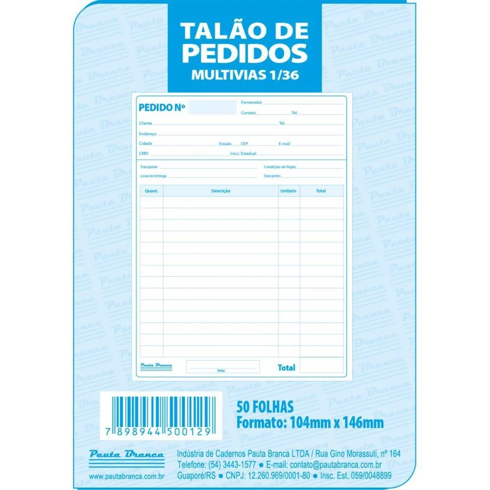 Impresso Talao De Pedido 1/36 Multivias 50Fls 104X146Mm Pauta Branca (Pct.c/20)