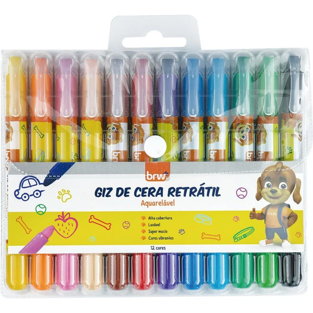 Giz De Cera Jumbo Retratil Aquarelavel 12 Cores Brw (Estojo)