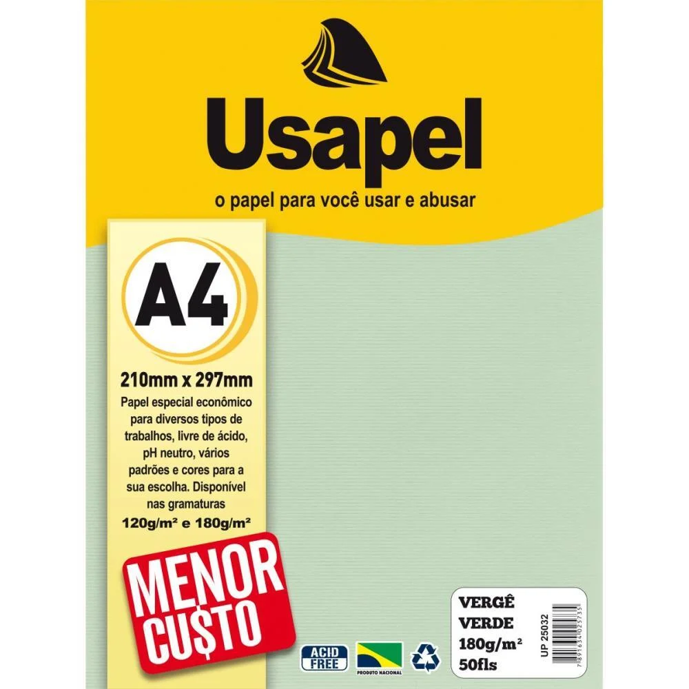 Papel A4 Verge Usapel Verde 180G. Filiperson Com 50 Unidades
