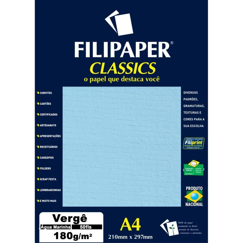 Papel A4 Verge Agua Marine 180G. Filiperson 50 Unidades