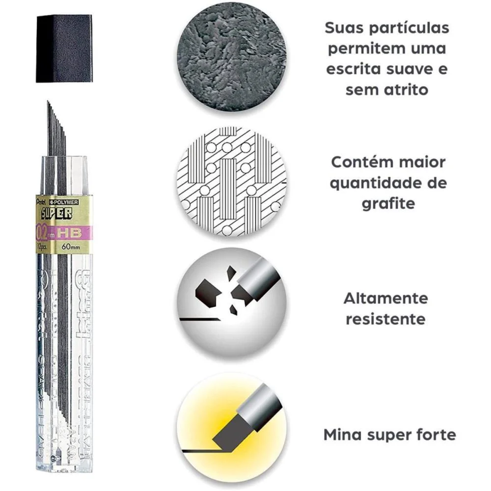 Grafite 0.5Mm 2B Hi Polymer Super 12Tbx12Min Pentel (Cx.c/12) - imagem 6