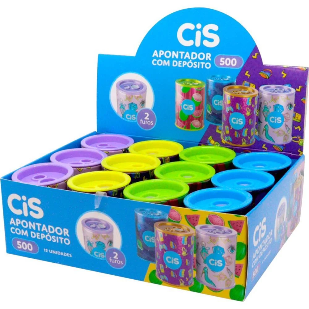 Apontador Com Deposito 2 Furos Cis 500 Lata 4 Cores Sertic C/ 12 Unidades - imagem 3