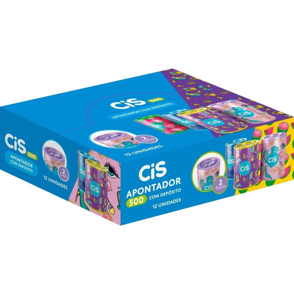 Apontador Com Deposito 2 Furos Cis 500 Lata 4 Cores Sertic C/ 12 Unidades - imagem 5