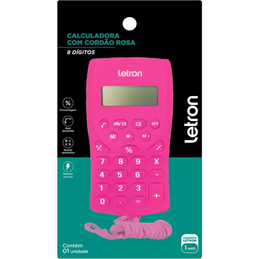 Calculadora De Bolso 8 Dig. Rosa C/Cordao E Bateria Leonora - imagem 5