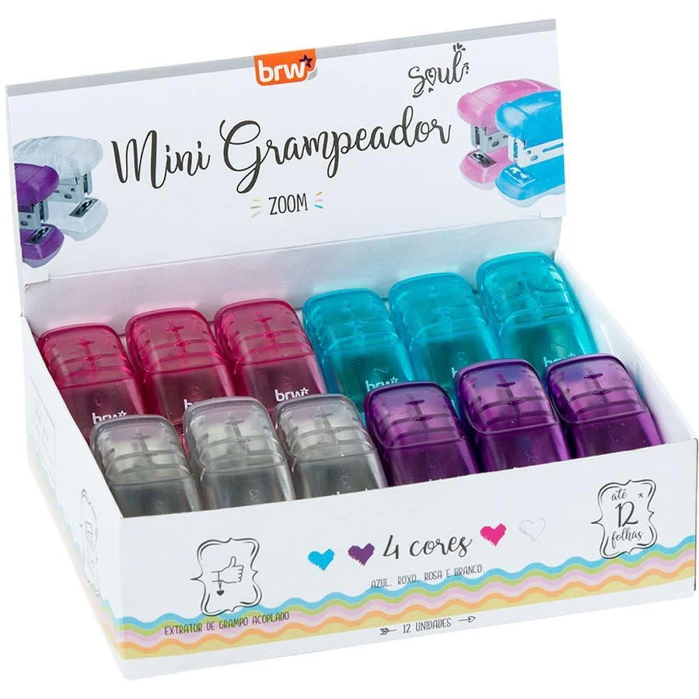 Grampeador Mini P/12Fls 6Cm Plast. Az/Vm/Am/Vd Brw C/ 12 Unidades - imagem 2