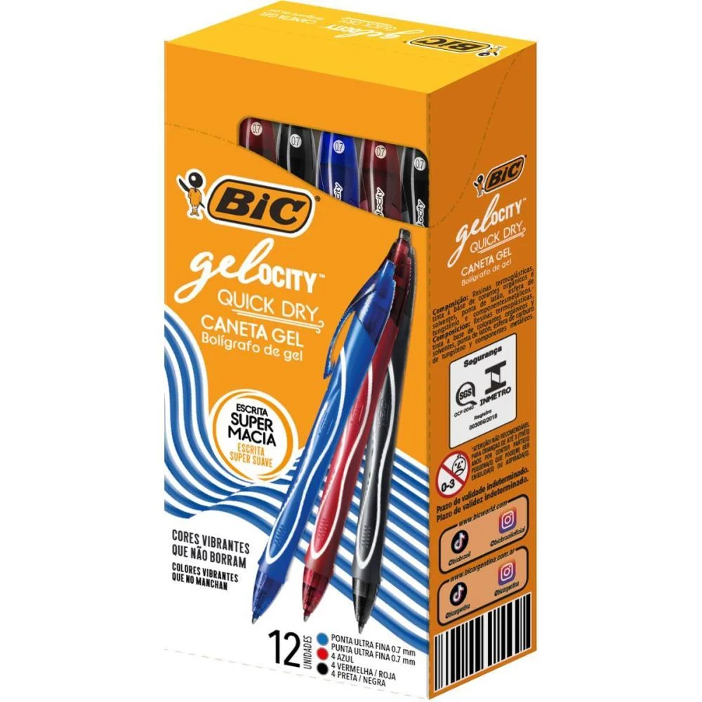 Caneta Gel Bic Quick Dry Az/Pt/Vm Bic (Cx.c/12) - imagem 3