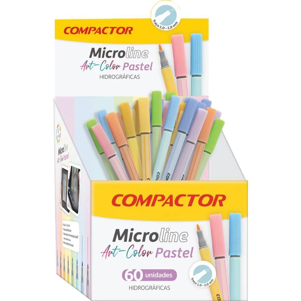 Caneta Com Ponta Porosa Microline 1,0Mm 8 Cores Pastel Compactor C/ 60 Unidades - imagem 2