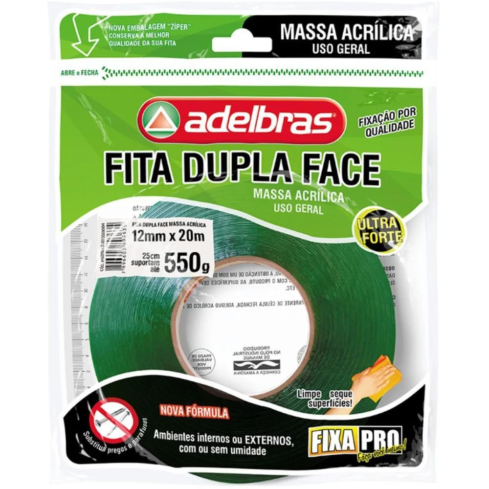 Fita Dupla Face Massa Acrilica Verde 12Mmx20M Adelbras - imagem 2