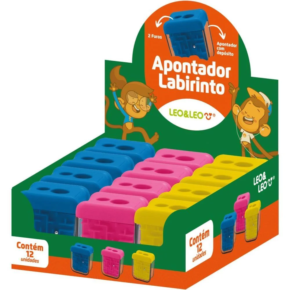 Apontador Com Deposito 2 Furos Labirinto Big/Padrao 3Cores Leonora C/ 12 Unidades - imagem 2