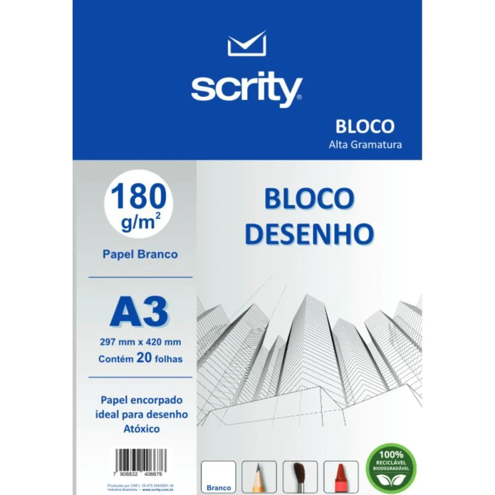 Bloco Para Educacao Artistica Desenho A3 Branco 180G 20Fls. Scrity (Pacote) - imagem 2
