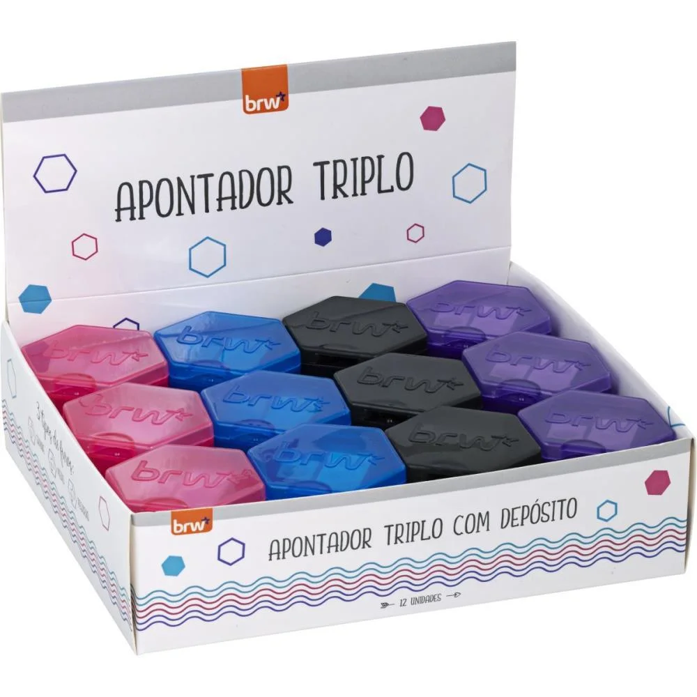 Apontador Com Deposito Triplo 3 Furos Plastico Cores Brw C/ 12 Unidades - imagem 6