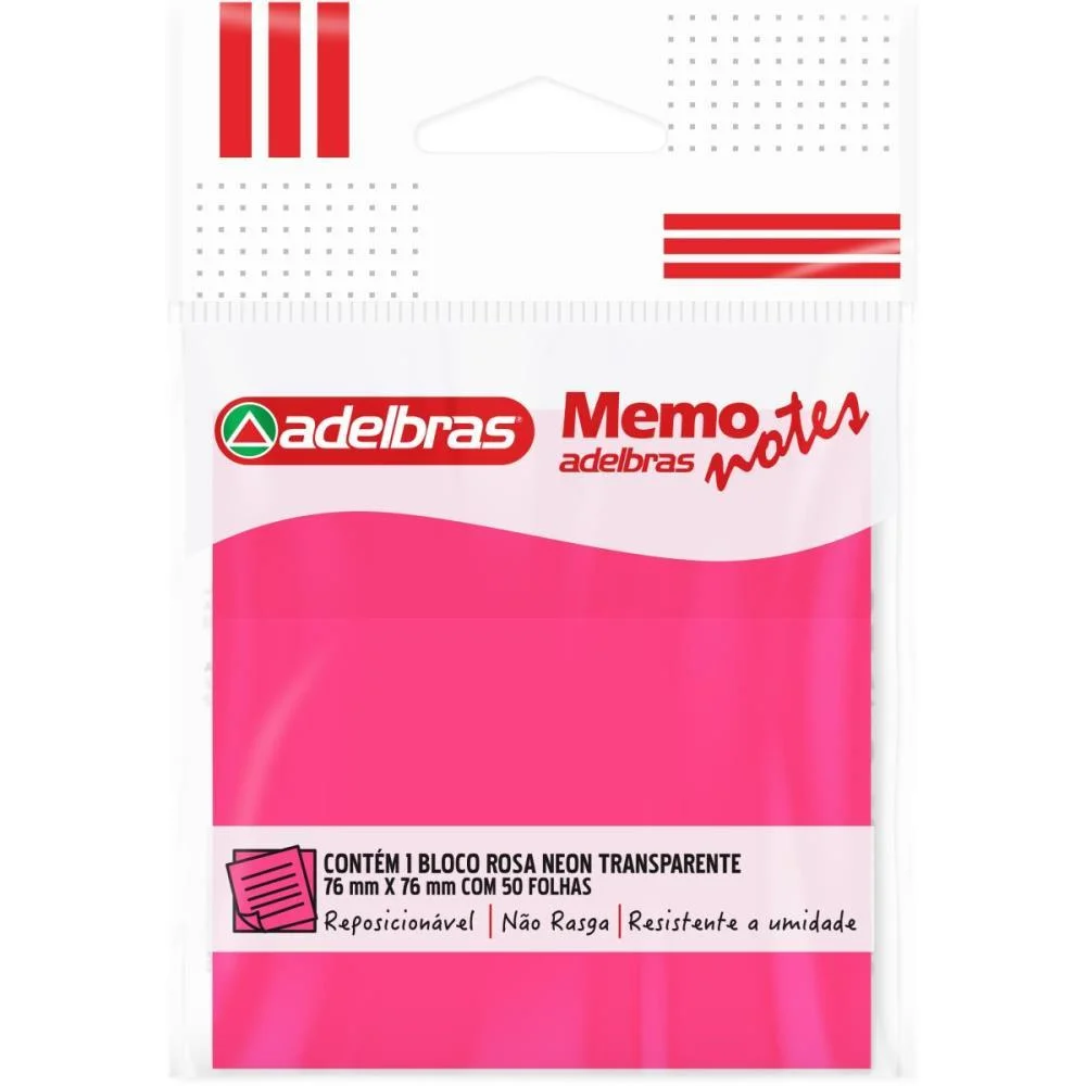 Bloco De Recado Autoadesivo Memonote Transp 76X76 Rosa Neo Adelbras - imagem 3