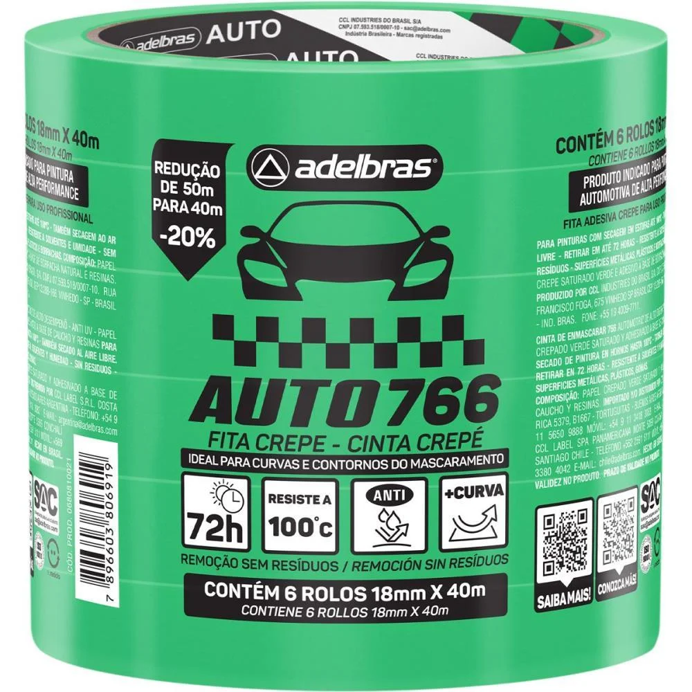 Fita Crepe 766 Automotiva 18Mm X 40M Verd Adelbras (Pct.c/06) - imagem 3
