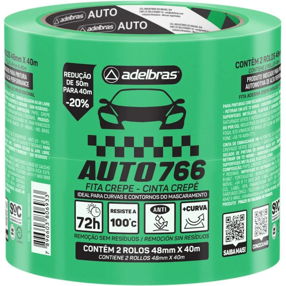 Fita Crepe 766 Automotiva 48Mm X 40M Verd Adelbras (Pct.c/02) - imagem 3