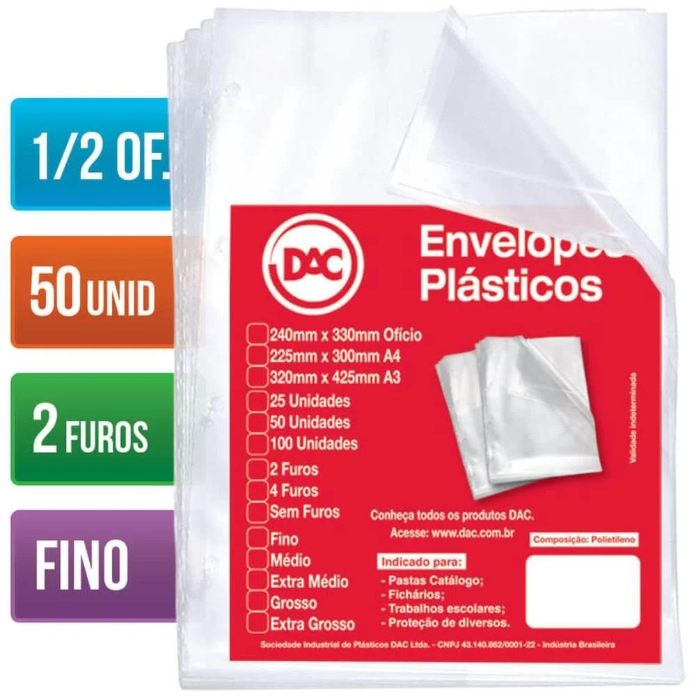 Envelope Plastico Oficio 2 Furos Finos 1/2 Dac (Pct.c/50) - imagem 2