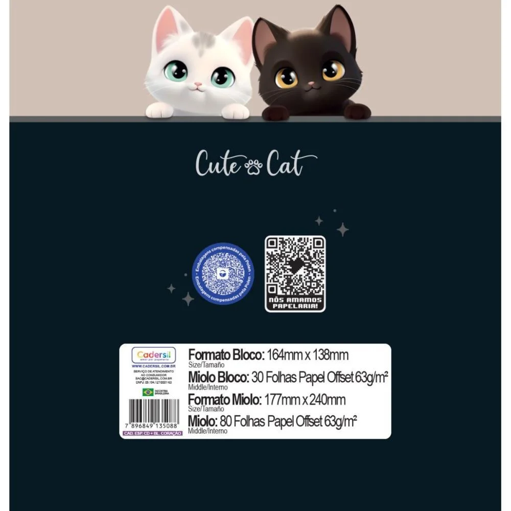 Caderno 01X1 Cp.dura Colegial Cute Cat C/Bloco Coracao 80F(S Cadersil - imagem 20