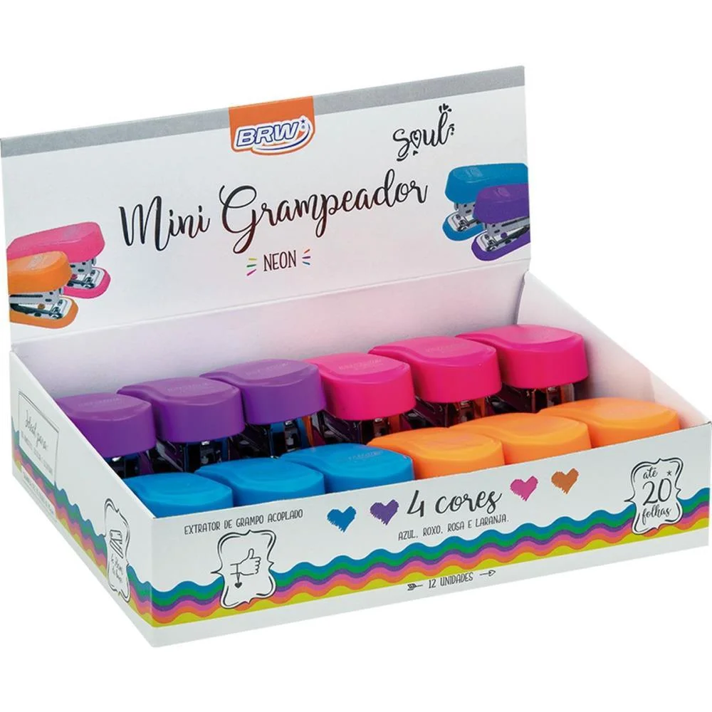 Grampeador Mini P/20Fls 6Cm Plast. Cores Neon Brw C/ 12 Unidades - imagem 8