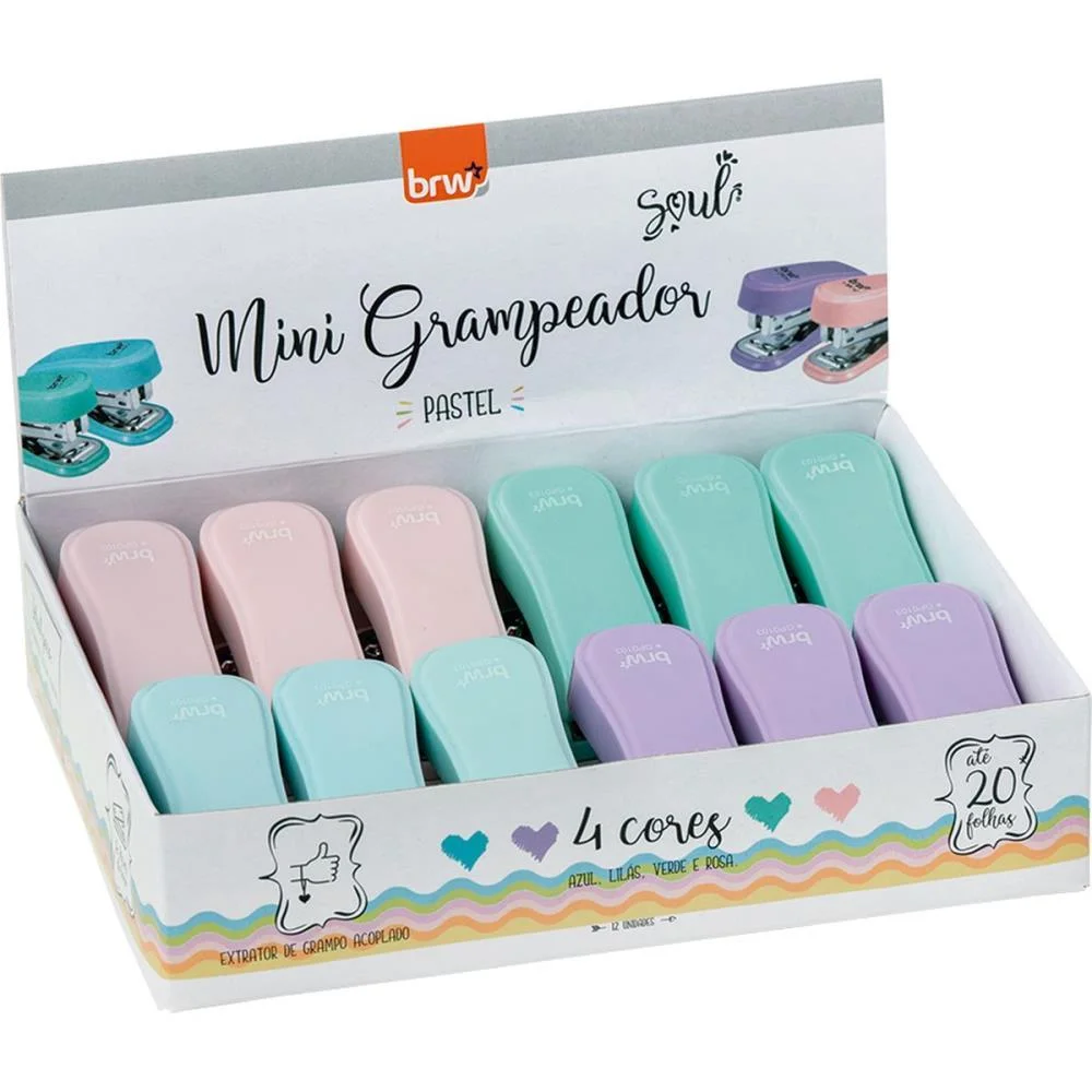Grampeador Mini P/20Fls 6Cm Plast. Cores Paste Brw C/ 12 Unidades - imagem 7