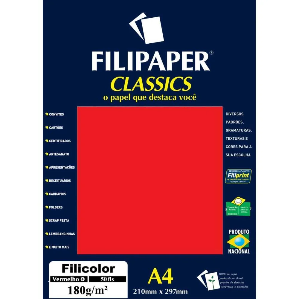 Papel A4 Color Filicolor Vermelho 180G. Filiperson (Pct.c/50) - imagem 2