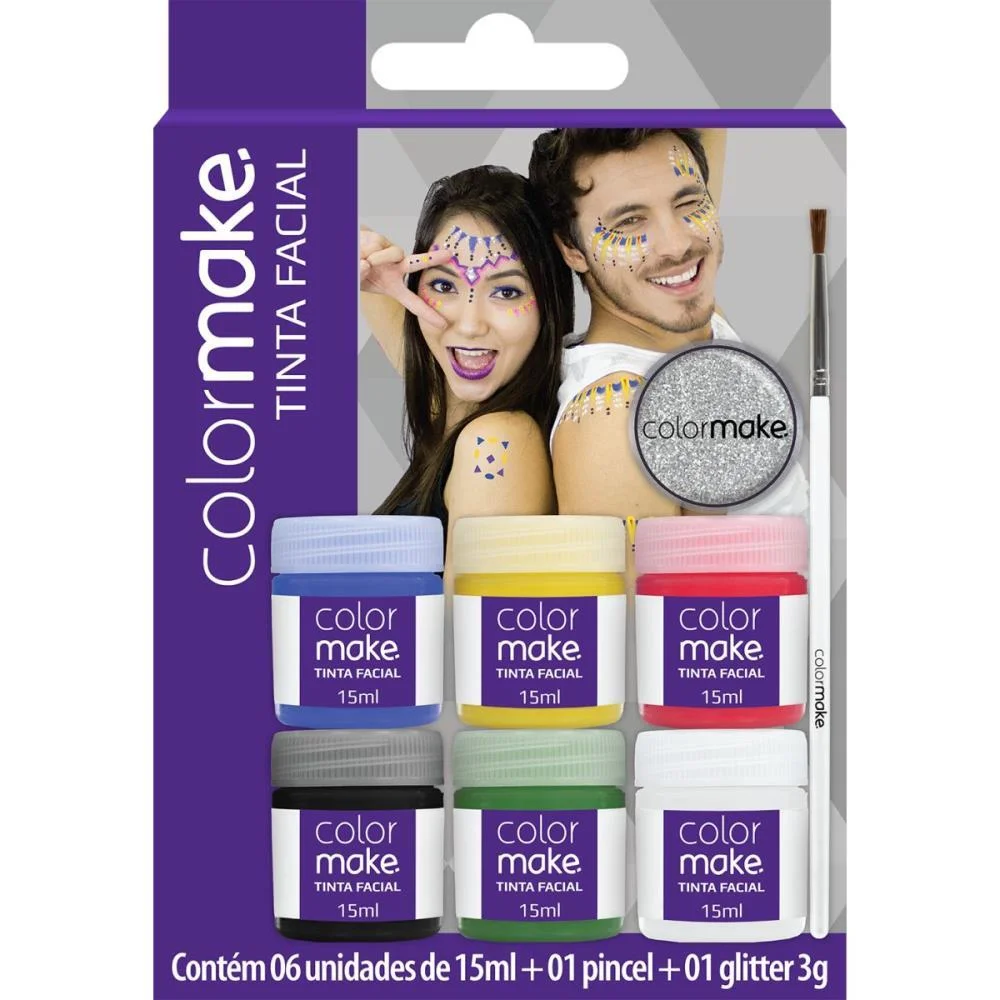 Pintura Facial Liquida 6 Cores+Pincel+Gliter Colormake (Kit) - imagem 3